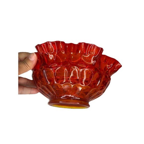 Vintage Orange Amber Glass Scalloped Tulip Bowl 7.75" Wide & 3.5" - Picture 2 of 5